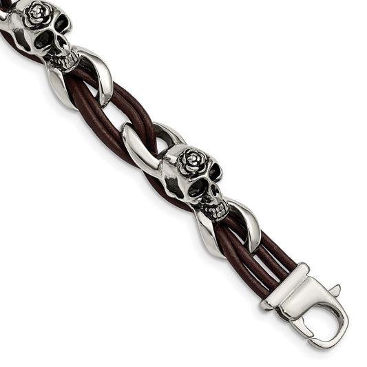 Stainless Steel Chisel Antiqued And Polished Skulls With Roses Brown Leather 8 Inch Bracelet