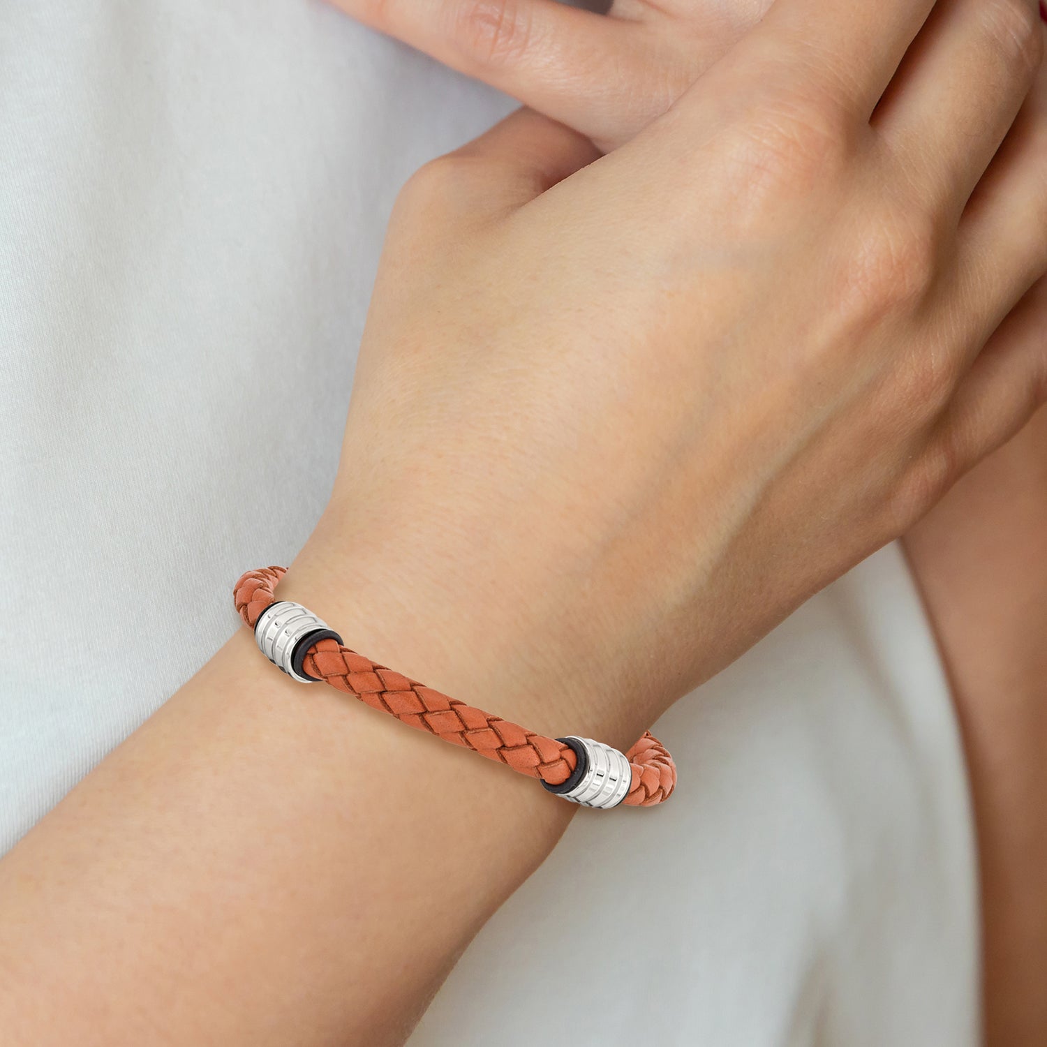 Stainless Steel Chisel Polished Orange Braided Leather And Black Rubber 8.25 Inch Bracelet