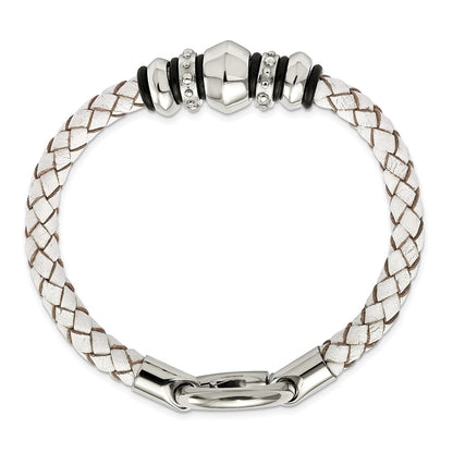 8.25 Inch Stainless Steel Polished White Leather & Black Rubber 8.25In Bracelet