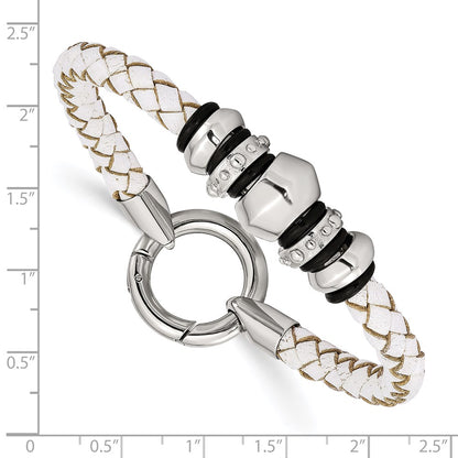 8.25 Inch Stainless Steel Polished White Leather & Black Rubber 8.25In Bracelet
