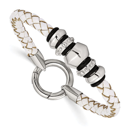 8.25 Inch Stainless Steel Polished White Leather & Black Rubber 8.25In Bracelet