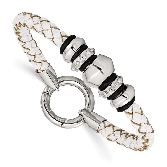 8.25 Inch Stainless Steel Polished White Leather & Black Rubber 8.25In Bracelet