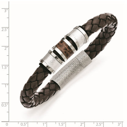 Stainless Steel Chisel Polished And Textured Brown Metallic Color Leather With Black Rubber 8.25 Inch Bracelet