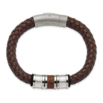 Stainless Steel Chisel Polished And Textured Brown Metallic Color Leather With Black Rubber 8.25 Inch Bracelet