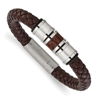 Stainless Steel Chisel Polished And Textured Brown Metallic Color Leather With Black Rubber 8.25 Inch Bracelet