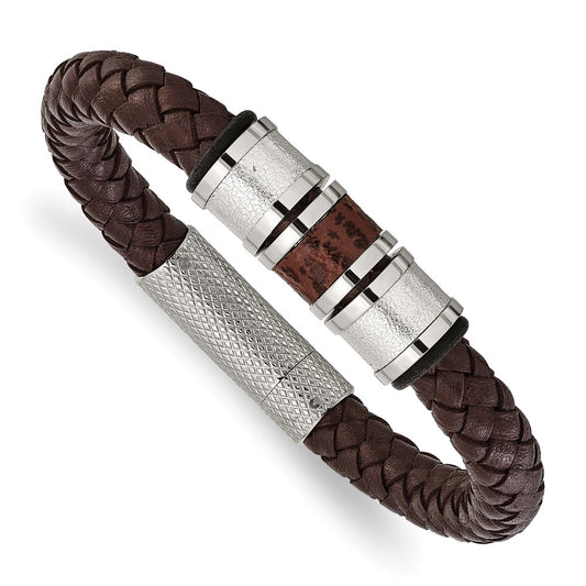 Stainless Steel Chisel Polished And Textured Brown Metallic Color Leather With Black Rubber 8.25 Inch Bracelet