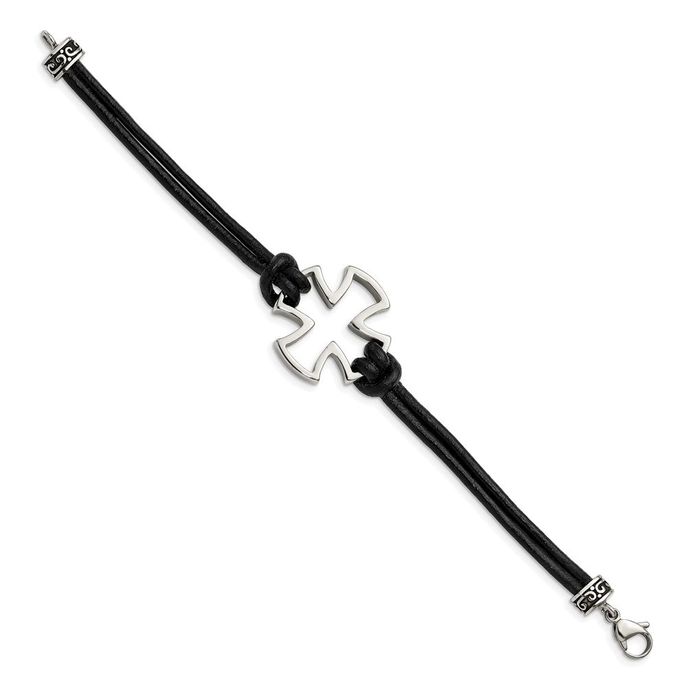 Stainless Steel Chisel Antiqued And Polished Cross Black Leather 8.25 Inch Bracelet