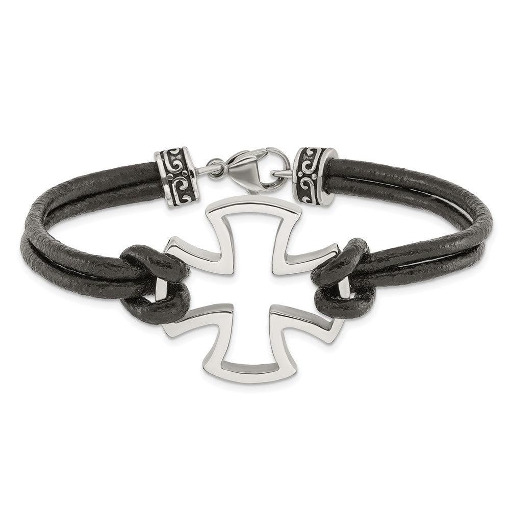 Stainless Steel Chisel Antiqued And Polished Cross Black Leather 8.25 Inch Bracelet