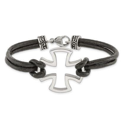 Stainless Steel Chisel Antiqued And Polished Cross Black Leather 8.25 Inch Bracelet