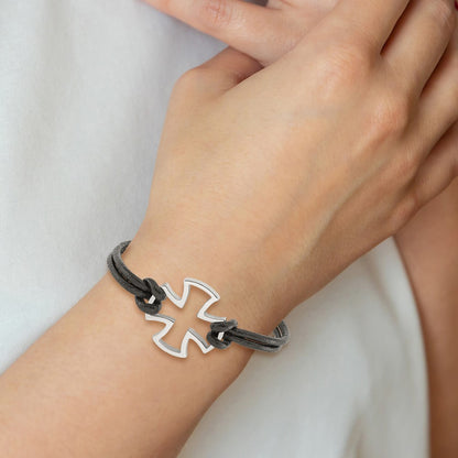 Stainless Steel Chisel Antiqued And Polished Cross Black Leather 8.25 Inch Bracelet