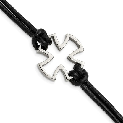 Stainless Steel Chisel Antiqued And Polished Cross Black Leather 8.25 Inch Bracelet