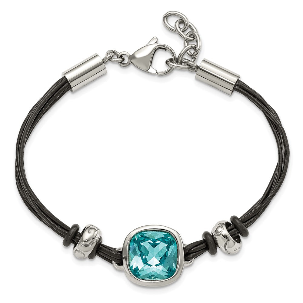 7 Inch Stainless Steel Polished W/Blue Glass Leather 7In W/1In Ext Bracelet