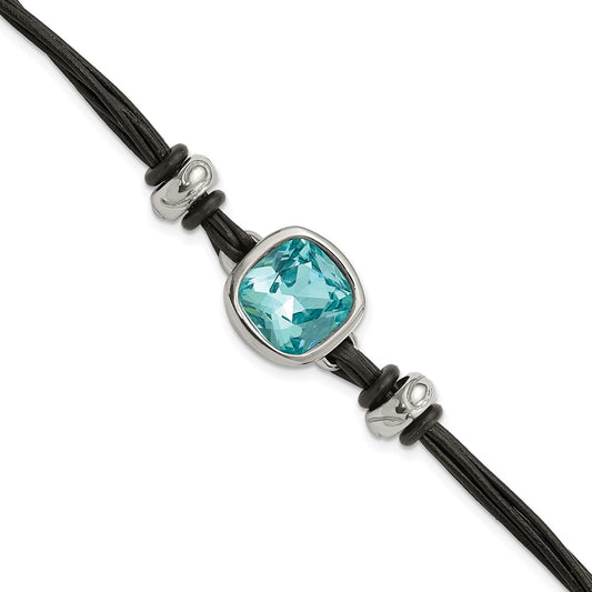 7 Inch Stainless Steel Polished W/Blue Glass Leather 7In W/1In Ext Bracelet