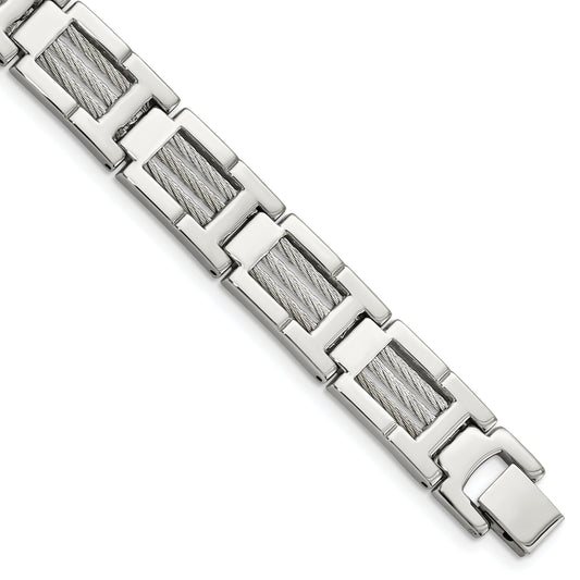 Stainless Steel Chisel Brushed And Polished With Cable Inlacy 8.5 Inch Link Bracelet