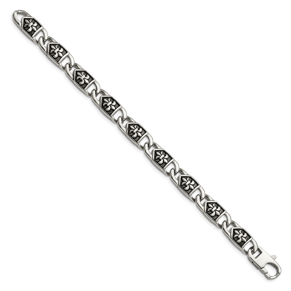 Stainless Steel Chisel Antiqued And Polished Fleur De Lis 8.75 Inch Link Bracelet