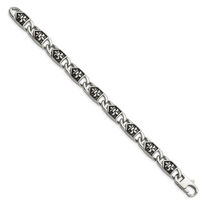 Stainless Steel Chisel Antiqued And Polished Fleur De Lis 8.75 Inch Link Bracelet