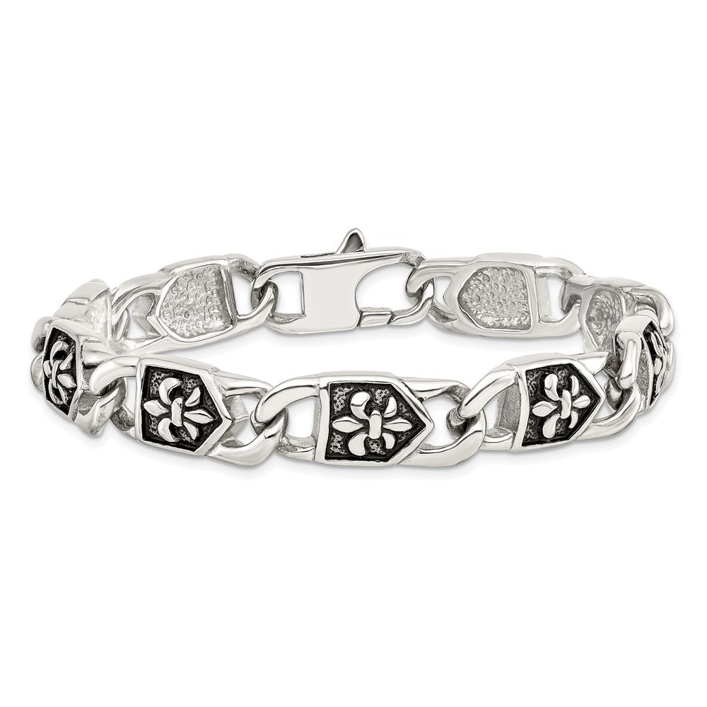 Stainless Steel Chisel Antiqued And Polished Fleur De Lis 8.75 Inch Link Bracelet