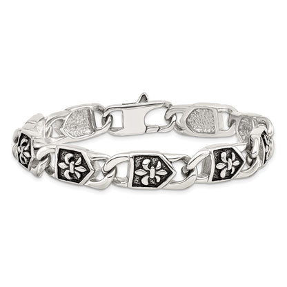 Stainless Steel Chisel Antiqued And Polished Fleur De Lis 8.75 Inch Link Bracelet