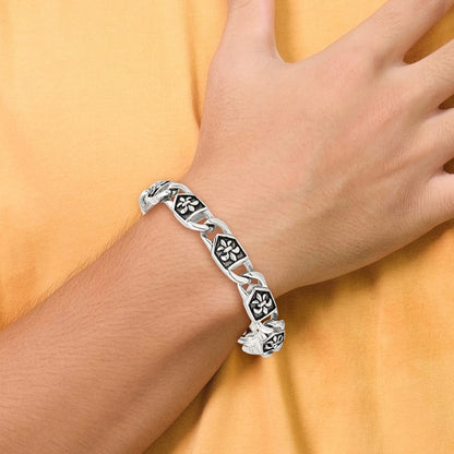 Stainless Steel Chisel Antiqued And Polished Fleur De Lis 8.75 Inch Link Bracelet