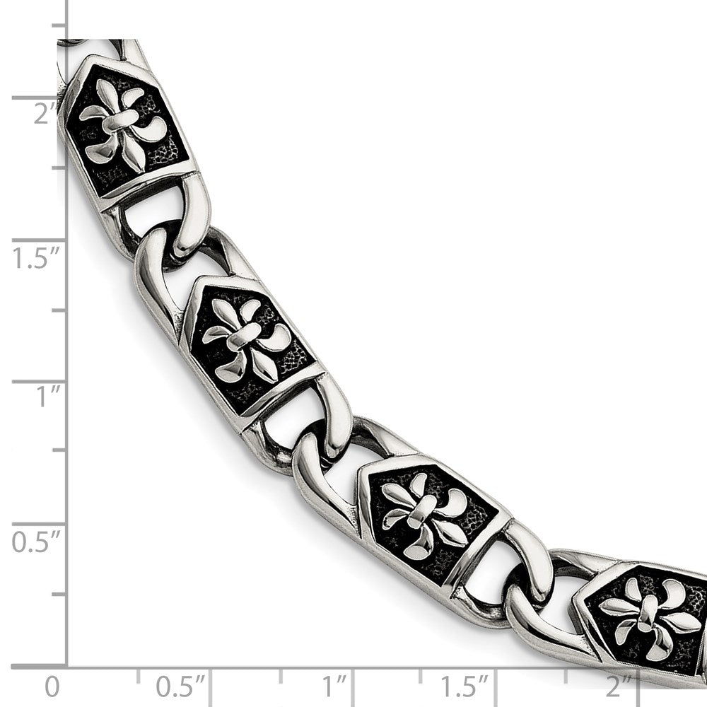 Stainless Steel Chisel Antiqued And Polished Fleur De Lis 8.75 Inch Link Bracelet