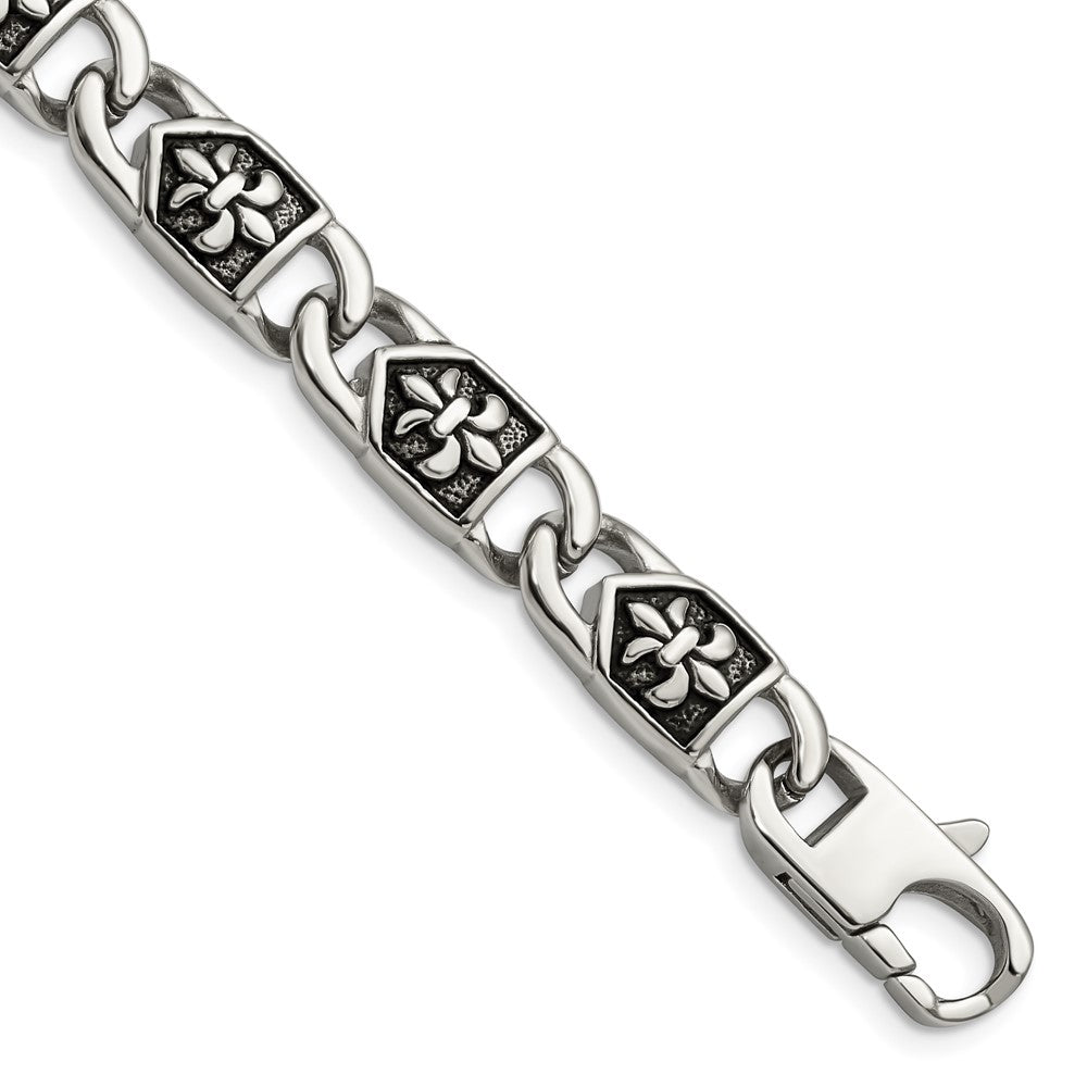 Stainless Steel Chisel Antiqued And Polished Fleur De Lis 8.75 Inch Link Bracelet