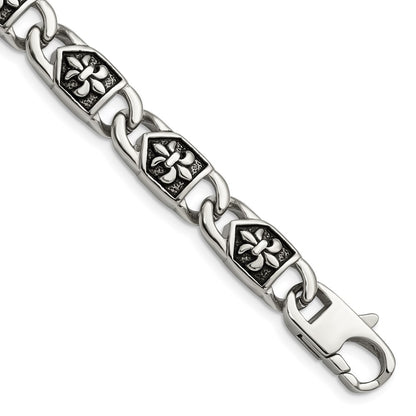 Stainless Steel Chisel Antiqued And Polished Fleur De Lis 8.75 Inch Link Bracelet