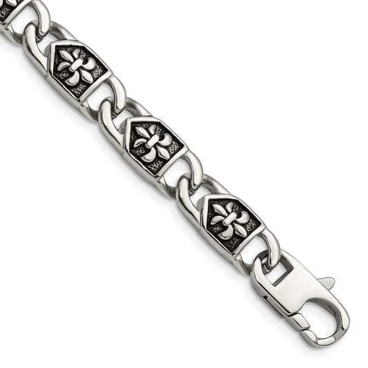 Stainless Steel Chisel Antiqued And Polished Fleur De Lis 8.75 Inch Link Bracelet