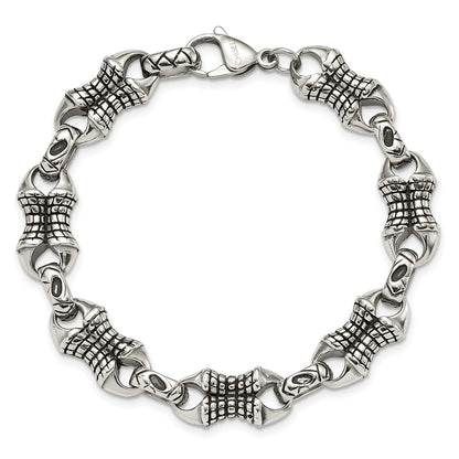 Stainless Steel Chisel Antiqued And Polished 8.75 Inch Patterned Link Bracelet