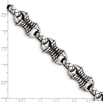 Stainless Steel Chisel Antiqued And Polished 8.75 Inch Patterned Link Bracelet