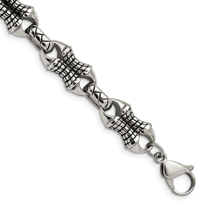 Stainless Steel Chisel Antiqued And Polished 8.75 Inch Patterned Link Bracelet