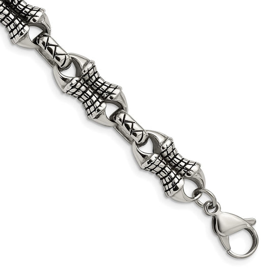 Stainless Steel Chisel Antiqued And Polished 8.75 Inch Patterned Link Bracelet