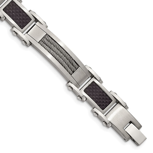 9 Inch Chisel Stainless Steel Polished With Cable And Black Carbon Fiber Inlay 8.75 Link Bracelet