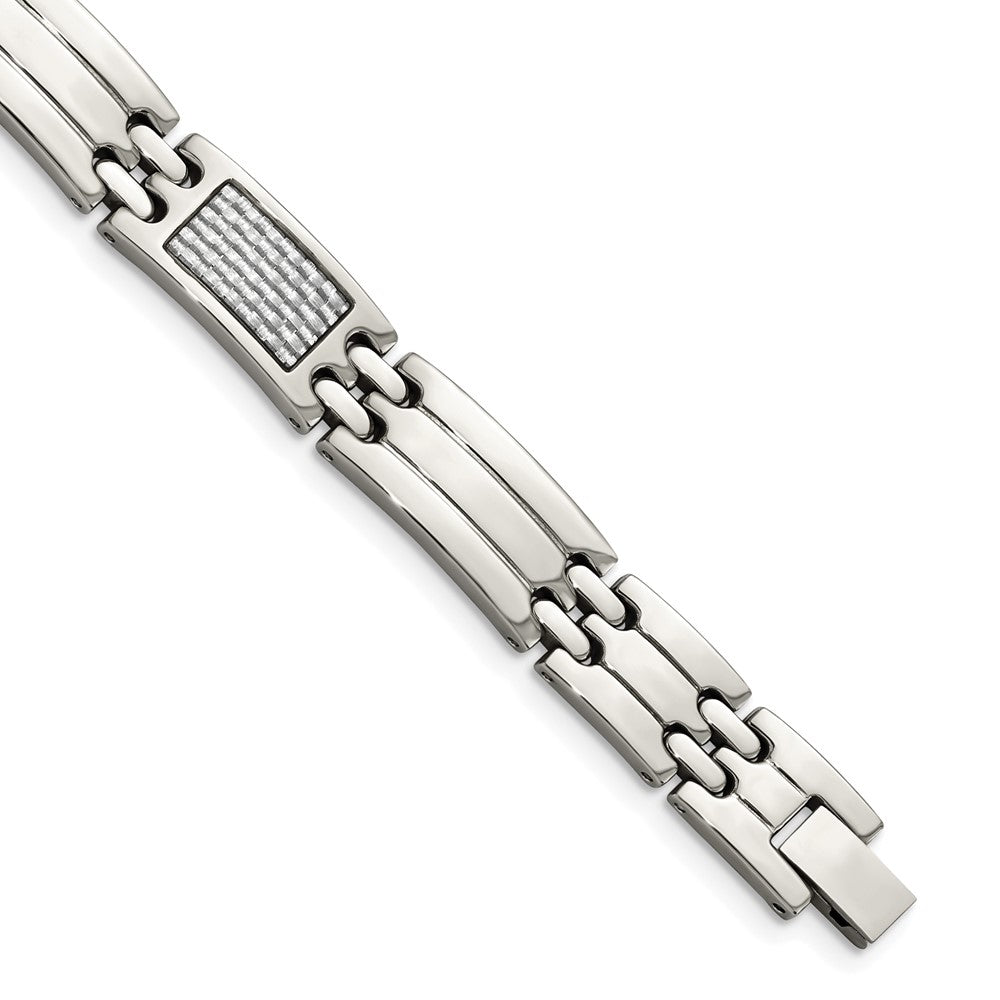 Stainless Steel Chisel Polished With Grey Carbon Fiber Inlay 8.5 Inch Link Bracelet