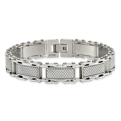Stainless Steel Chisel Polished With Grey Carbon Fiber Inlay 8.5 Inch Link Bracelet