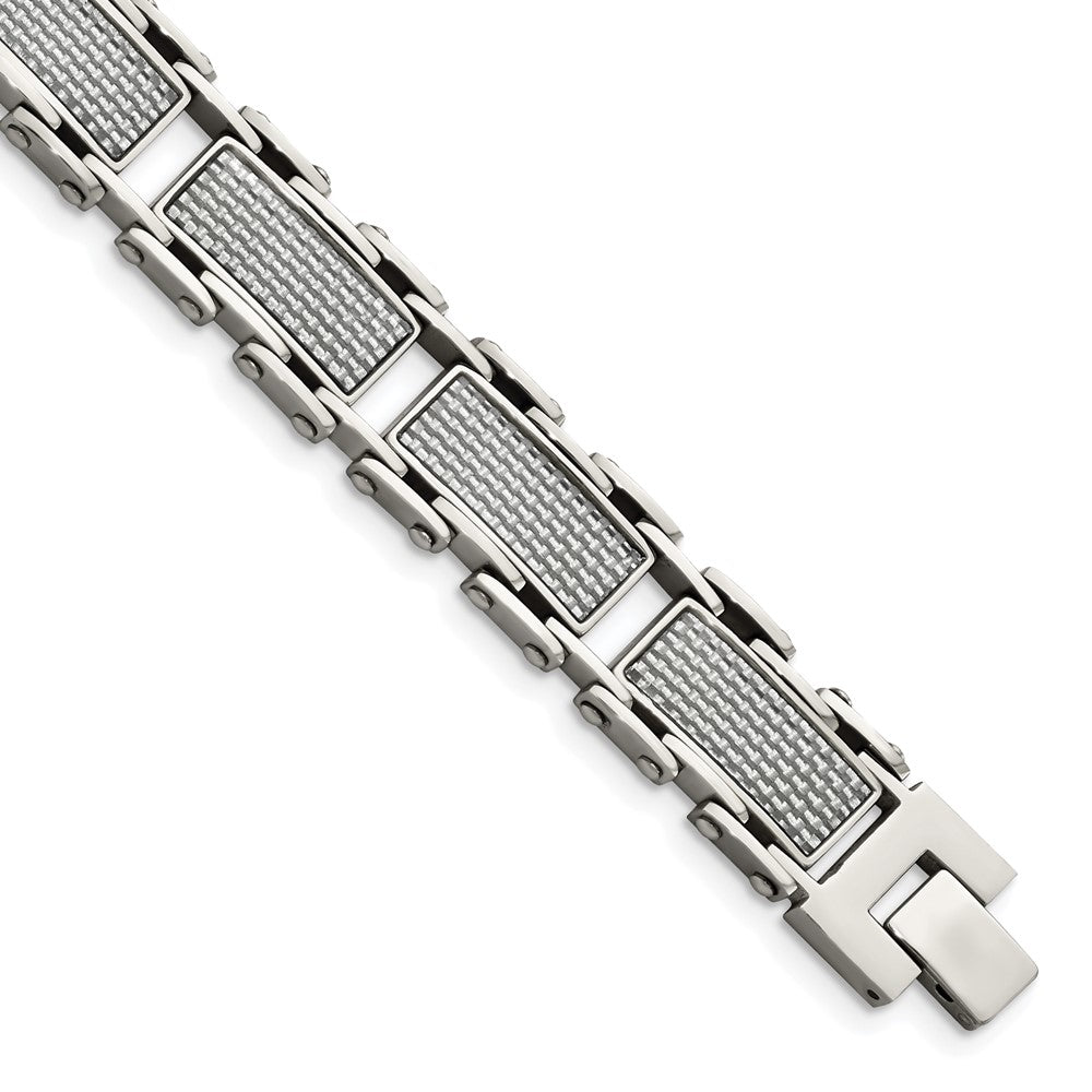 Stainless Steel Chisel Polished With Grey Carbon Fiber Inlay 8.5 Inch Link Bracelet
