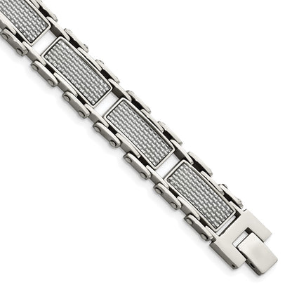 Stainless Steel Chisel Polished With Grey Carbon Fiber Inlay 8.5 Inch Link Bracelet