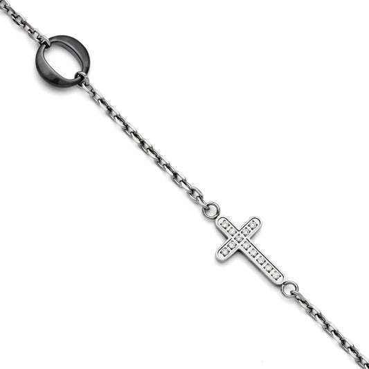 7.25 Inch Stainless Steel And Ceramic Polished Sideways Cross Cz Bracelet