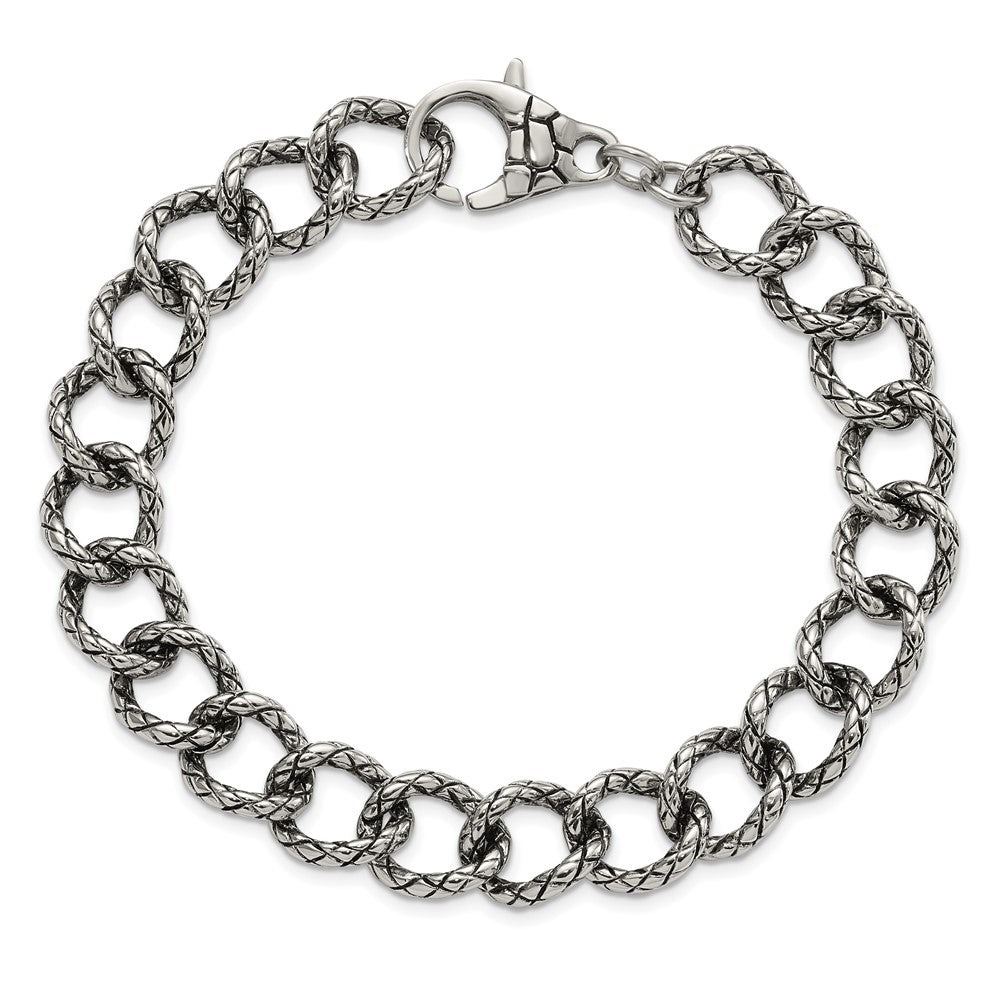 9 Inch Stainless Steel Polished & Antiqued Textured Link Bracelet