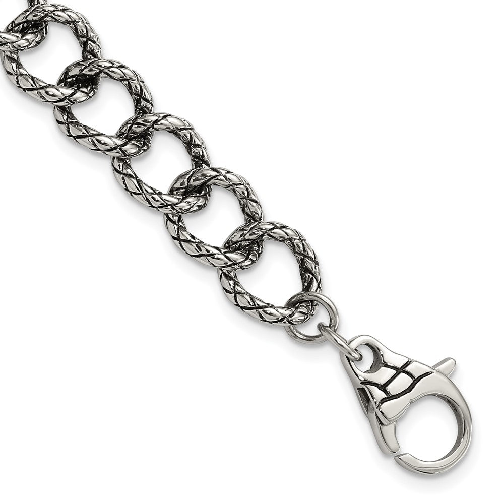 9 Inch Stainless Steel Polished & Antiqued Textured Link Bracelet