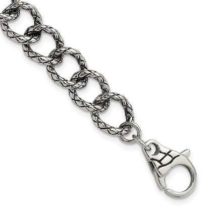 9 Inch Stainless Steel Polished & Antiqued Textured Link Bracelet