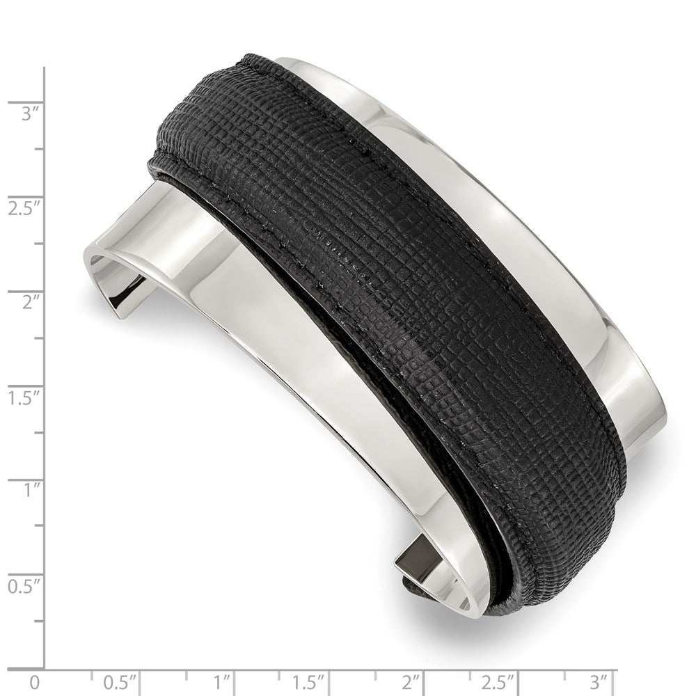 Stainless Steel Polished With Leather Cuff Bangle
