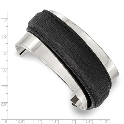 Stainless Steel Polished With Leather Cuff Bangle