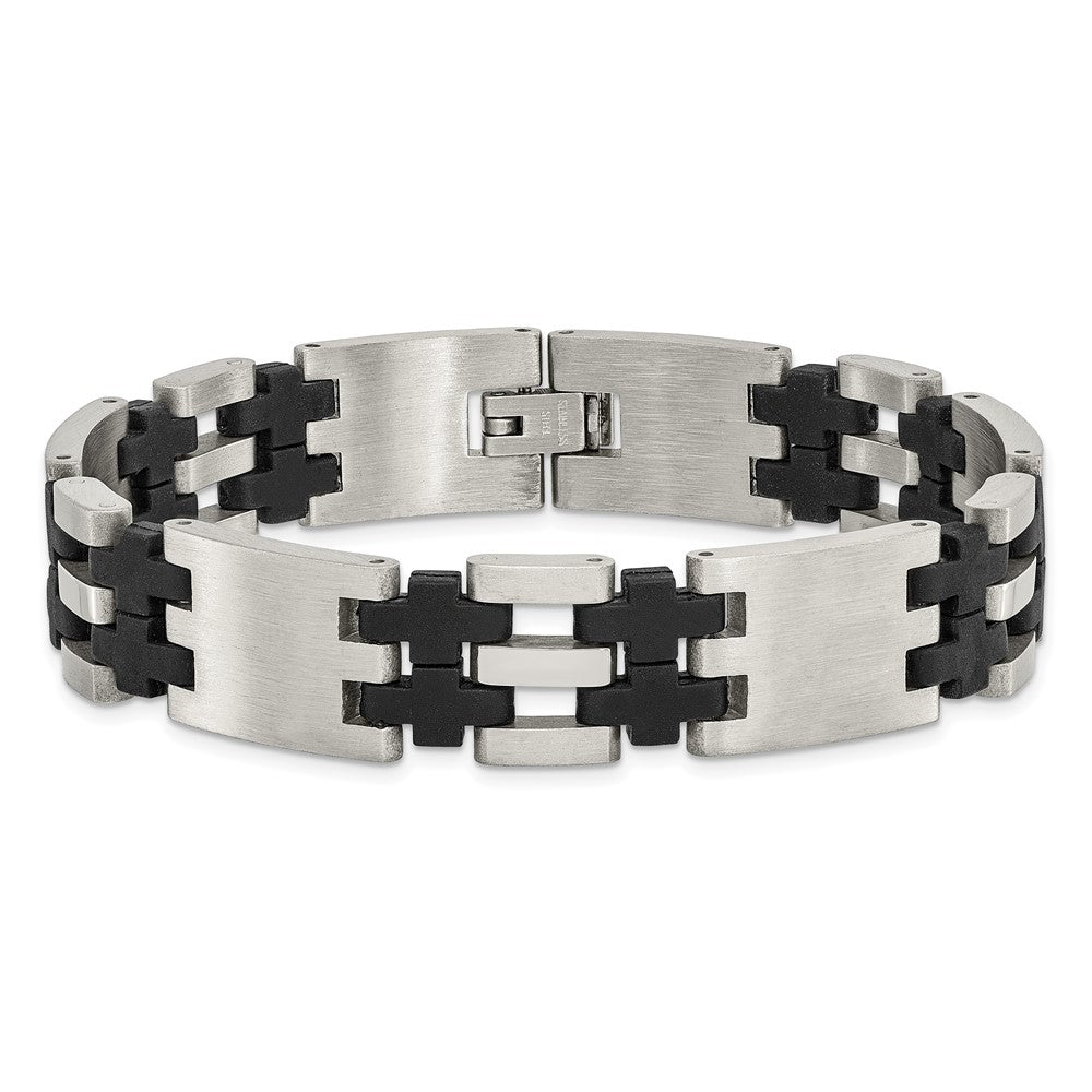 Stainless Steel Chisel Brushed And Polished With Black Rubber 8.75 Inch Link Bracelet