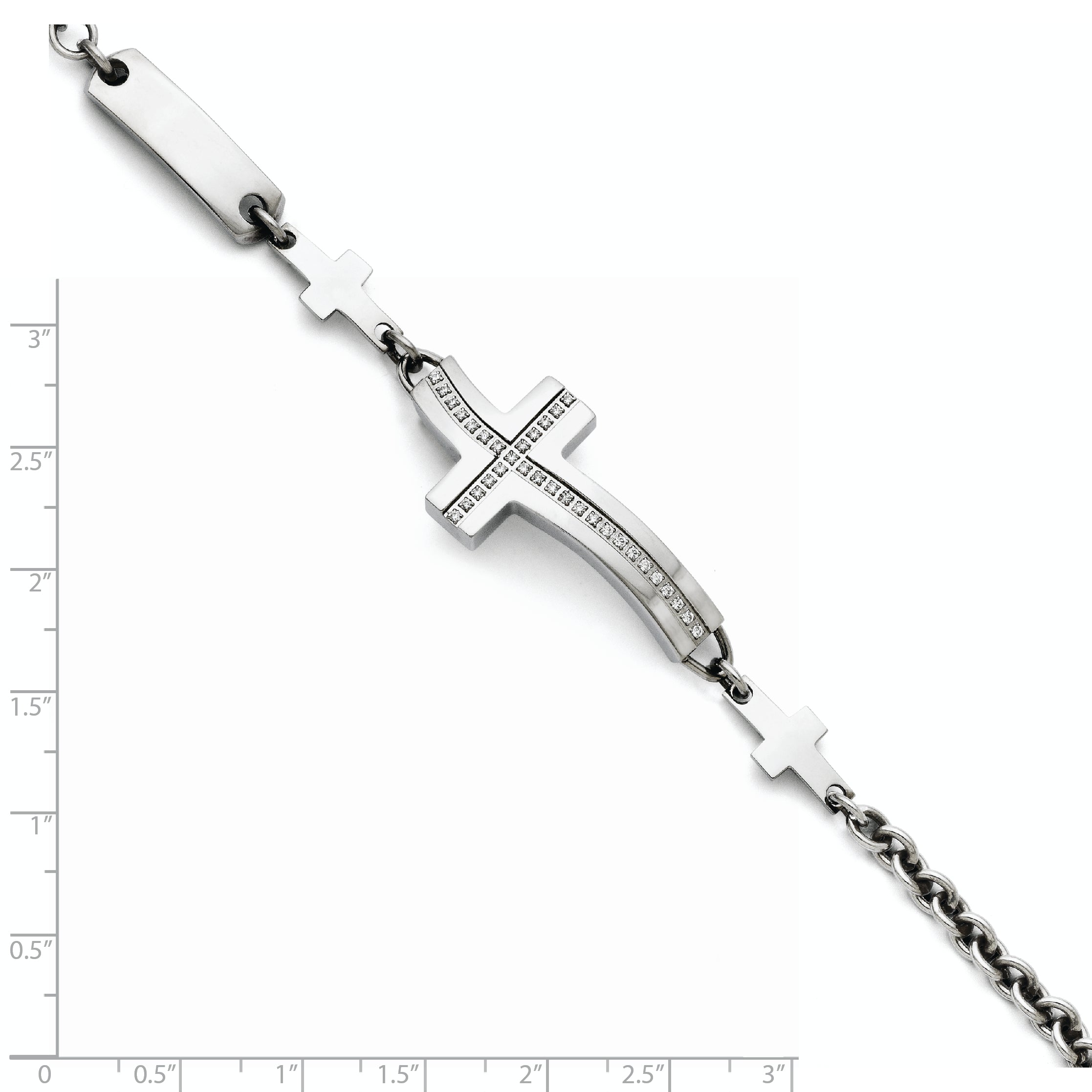7.5 Inch Stainless Steel Polished Wavy Cz Sideways Cross Bracelet