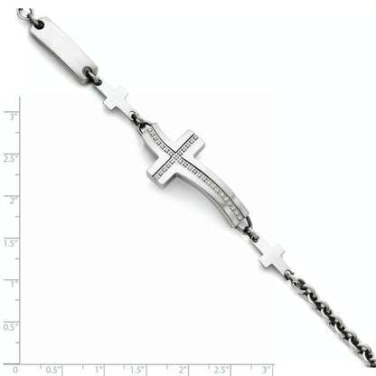 7.5 Inch Stainless Steel Polished Wavy Cz Sideways Cross Bracelet