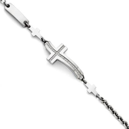 7.5 Inch Stainless Steel Polished Wavy Cz Sideways Cross Bracelet
