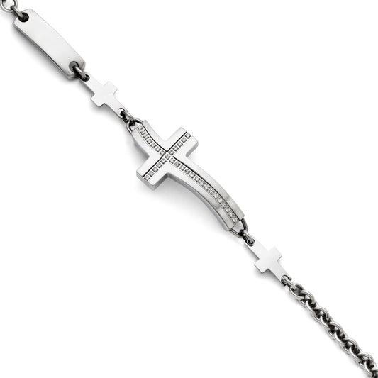 7.5 Inch Stainless Steel Polished Wavy Cz Sideways Cross Bracelet