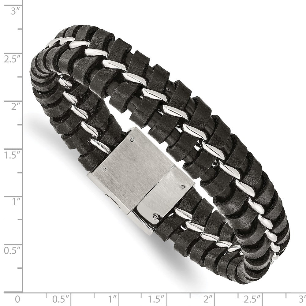 Stainless Steel Chisel Brushed And Polished Black Leather 9 Inch Bracelet