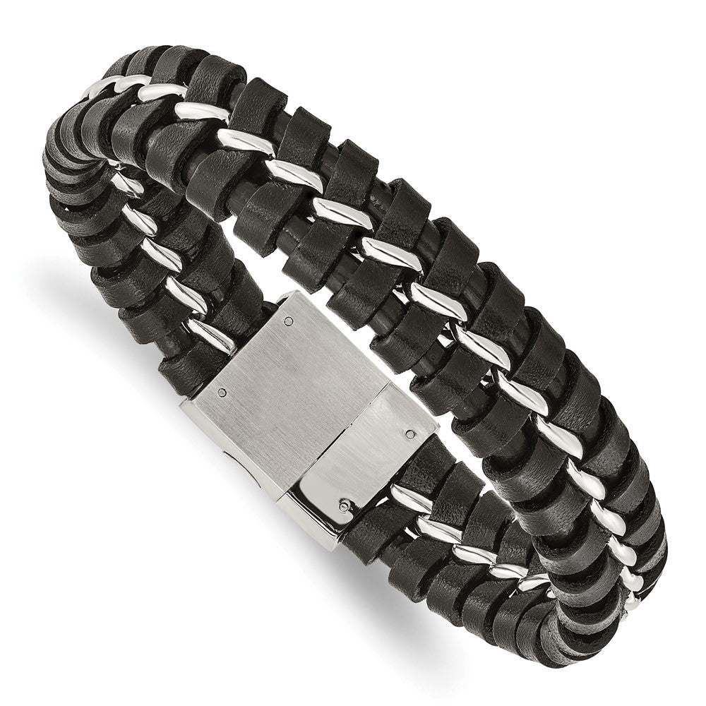 Stainless Steel Chisel Brushed And Polished Black Leather 9 Inch Bracelet