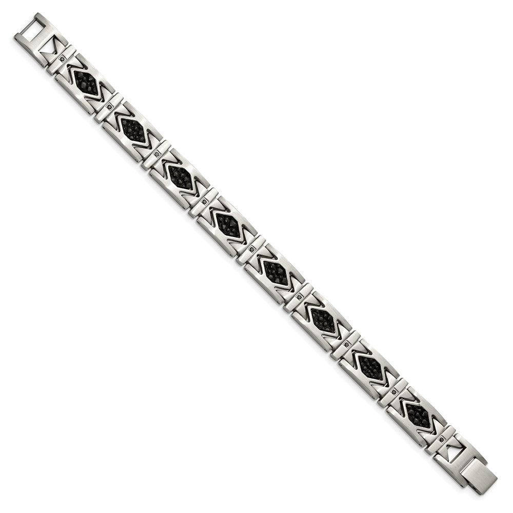 Stainless Steel Chisel Brushed With Stringray Textured Black Leather And Cz 8.5 Inch Link Bracelet